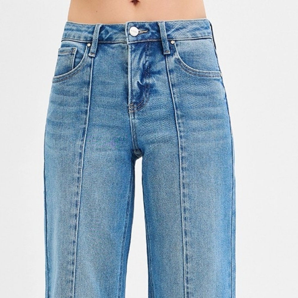 RISEN Mid-Rise Tummy Control Pintuck Seam Wide Leg Pants Slit Hem Denim Jeans - Picture 6 of 16